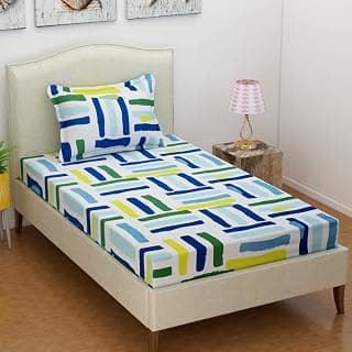 BSB Home® 200 TC 100% Cotton Feel Bedsheet for Single Bed with One King Size Pillow Covers Soft/Breathable Wrinkel Free -60x90 Inches - (Multicolour, White Green & Yellow)