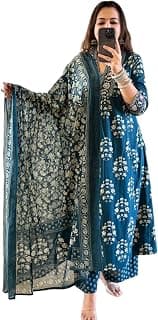Women's Cotton Floral Printed Anazrkali Kurti with Pant & Dupatta Set