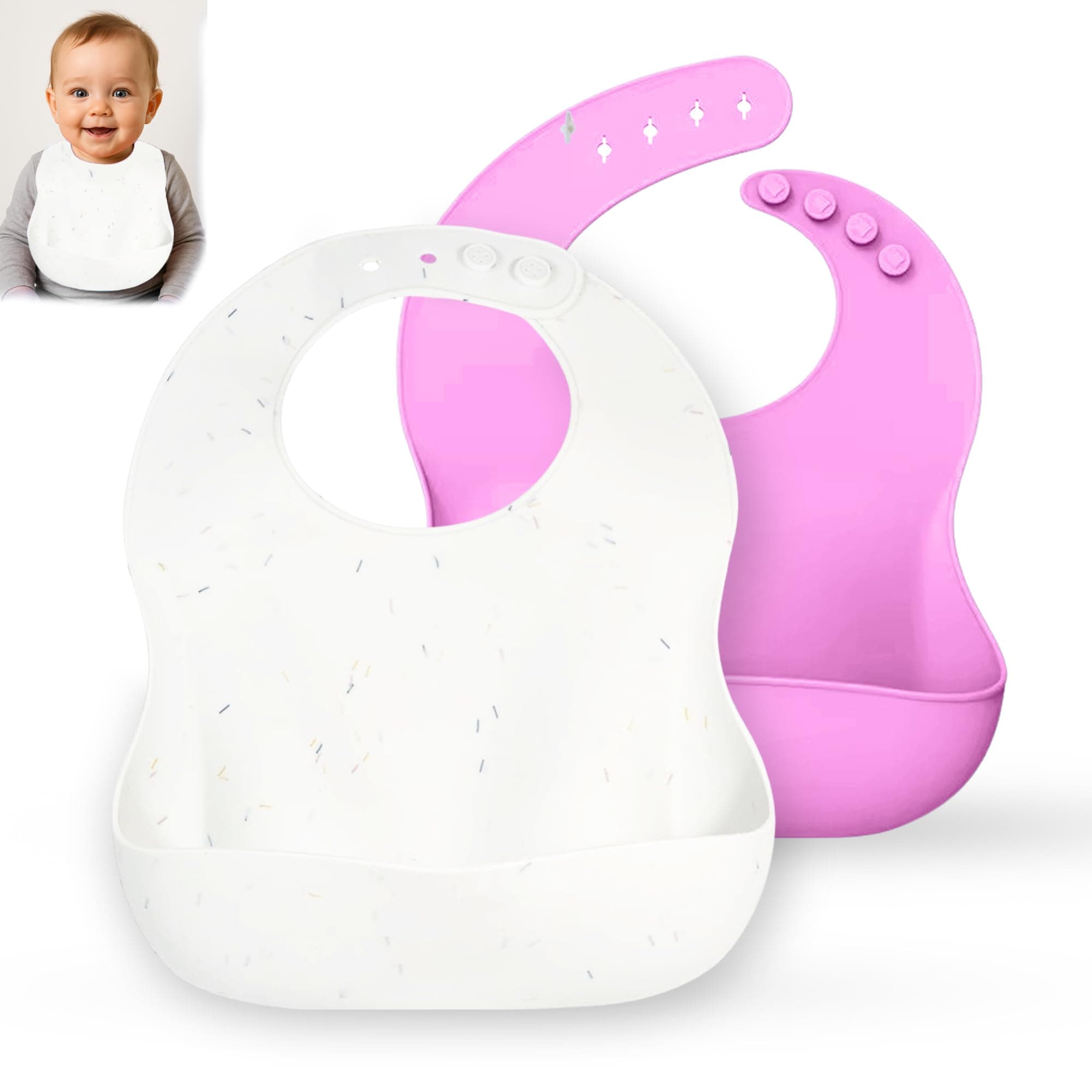 GLUN® Silicone Bib Comes with Built-in Crumb Catcher, Pack of 2 Pink & White Colour, Easily Wipes Clean Comfortable Soft Baby Bibs, Less Time Cleaning After Meals with Babies or Toddlers