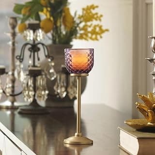 PURE HOME + LIVING Purple Diamond Texture Candle Holder with Stand for Home Decoration Dinning Table Decoration Candle Wedding Holiday Décor and for Diwali Decor | Home Décor Accent (Large, Pack of 1)