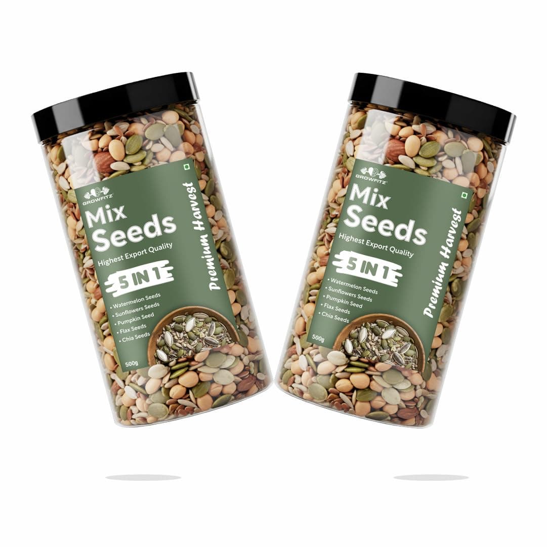 Growfitz 5-in-1 Super Seed Mix | Pack of 2 (500g Each)| 20.5g High Protein & Fiber | Roasted Pumpkin, Sunflower, Flax, Chia, Soy Nuts & Sesame | Healthy Snack | Export Quality Superfood |