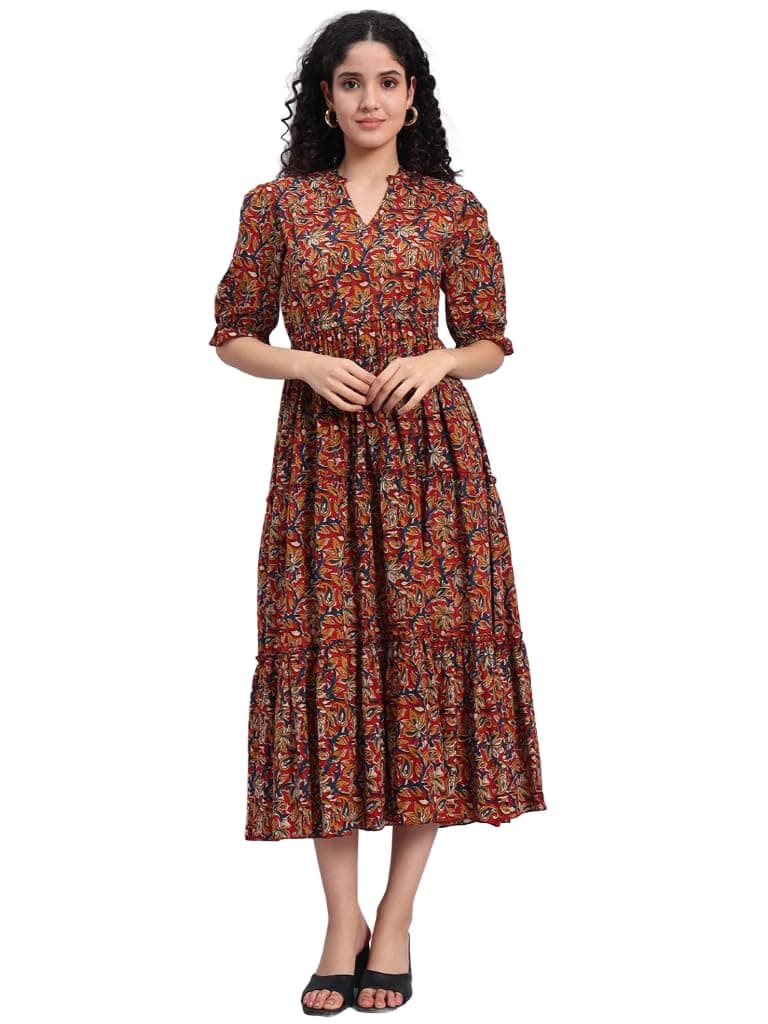 PIDAVLIYA'S Women's Floral Summer Maxi Dress I Cotton Printed I One Piece Bodycon Midi Dress with V-Neck, Puffed Sleeves