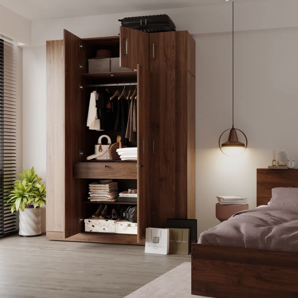 Wakefit Wardrobe for Bedroom | 1 Yr Warranty | Cupboard for Bedroom, Almirah, Wooden Wardrobe, Multi-Shelves Storage with Drawer, & Hanger, Density:680–750 kg/m³, Free Installation (Organza - CW)
