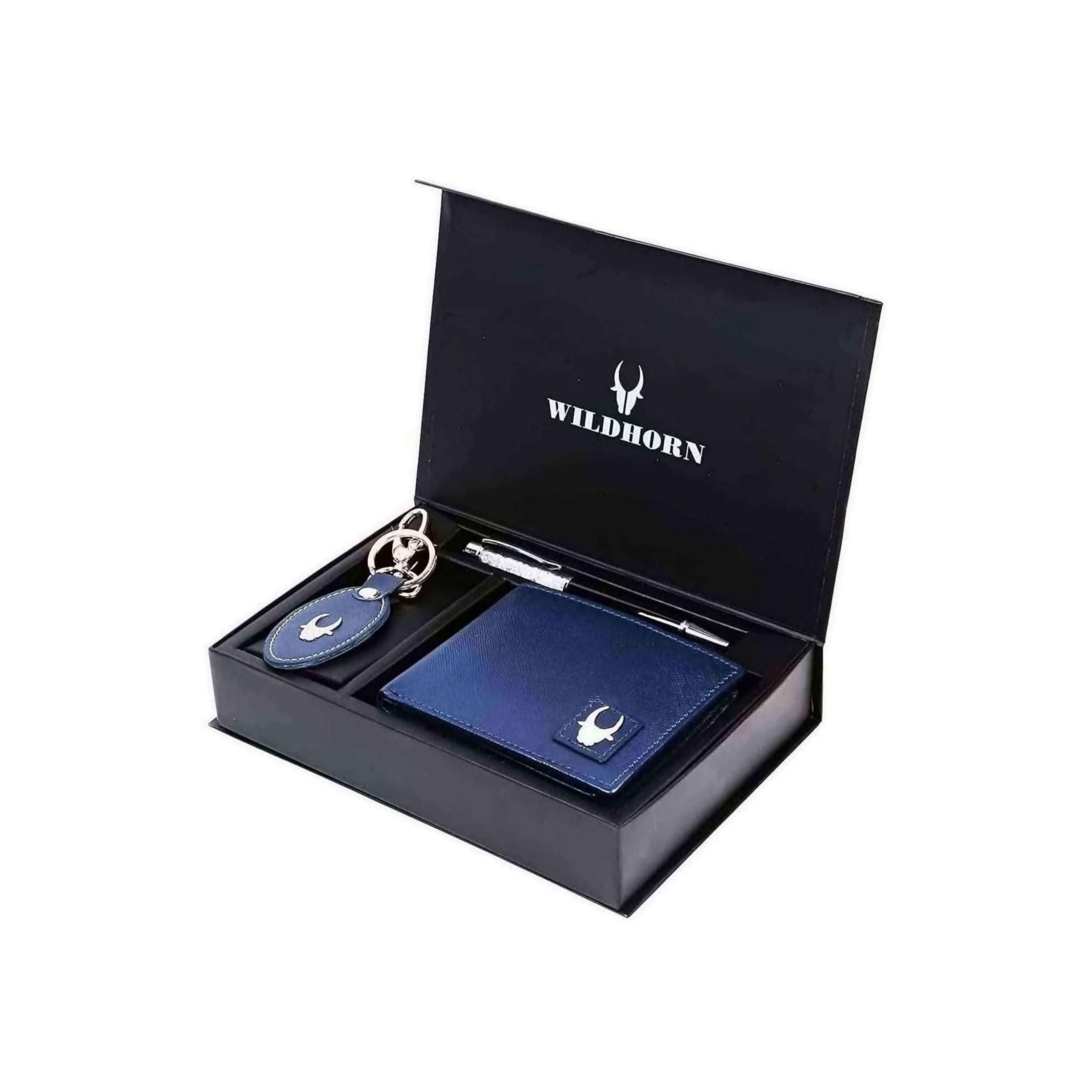 WildHorn Leather Wallet, Keychain & Pen Combo for Men (Royal Blue)