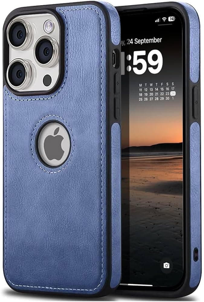 amazon basics Genuine Leather Finish iPhone 16 Pro Max Back Cover Case | Raised Edges for Camera & Screen Protection | Back Case Cover for iPhone 16 Pro Max (Blue)