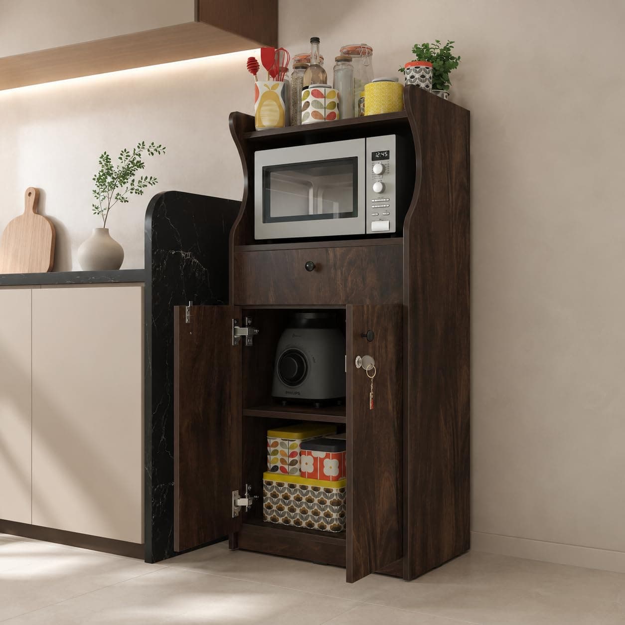 Studio Kook Malta Kitchen Mate | Kitchen Unit with Cabinet Storage and Drawer, Engineered Wood, Matte Finish (Junglewood)