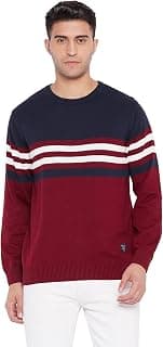 Cantabil Men's Striped Design Round Neck Casual or Formal Full Sleeve Winter Wear Woollen Sweaters or Pullovers - Maroon & Navy Blue (MSWL00002-MAROON)