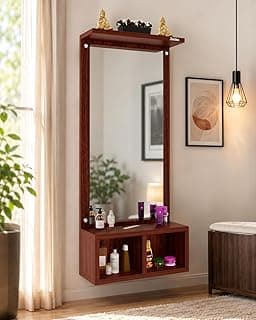 Wall Mounted Dressing Table with Mirror Finish Storage Shelf Compact Wall Vanity Makeup Organizer for Bedroom Bathroom Entryway Space Saving Home Furniture Decor (Light Brown)