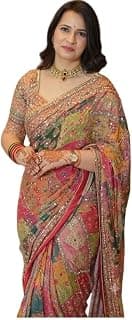 SATPURUSH Printed Chinon Silk Saree with Zari Woven Mirror Work and Unstitched Blouse Piece for Women Traditional Party Ethnic Wear Saree