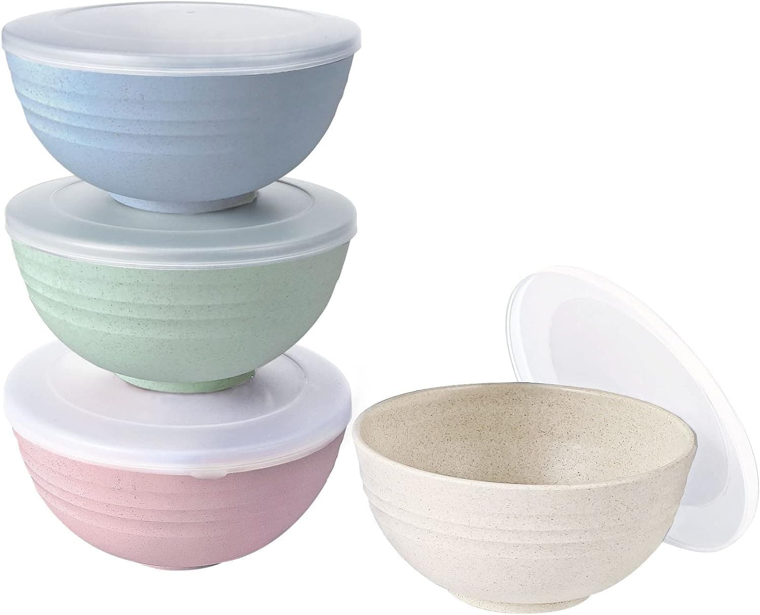 INVOSS Set of 4 Serving and Mixing Bowls with Lids, 800 ml Bamboo Fibers & Wheat Husk, Microwave Safe Bowl, Ideal for Snacks, Soap, Salad, and Noodles, Cereal Bowls - Multicolors
