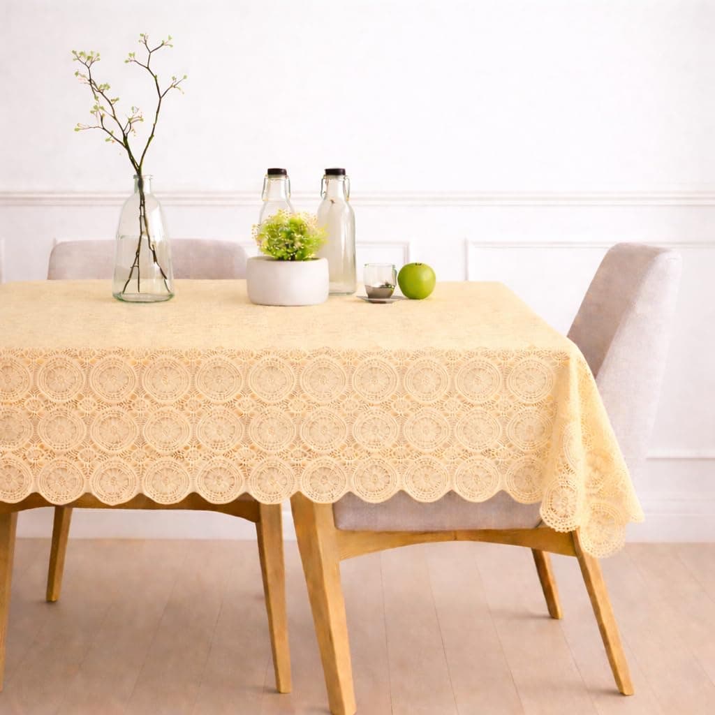 STITCHNEST Cotton Net Table Cover for 2–4 Seater Dining Table | Decorative Lace Design | |40x60 Inch| Rectangular Center Table Cloth | Beige | Pack of 1