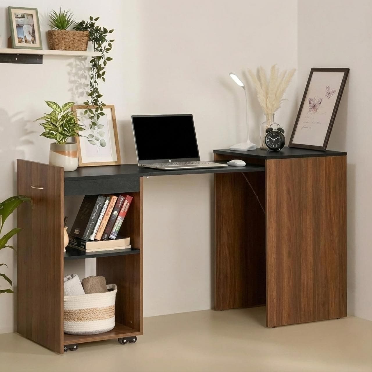 Klaxon Foldable Study Table with Drawer & Storage Shelf | Compact Desk for Home & Students | Folding Design with Lockable Wheels. (Black, DIY Installation) (Aw & Black, Neo)