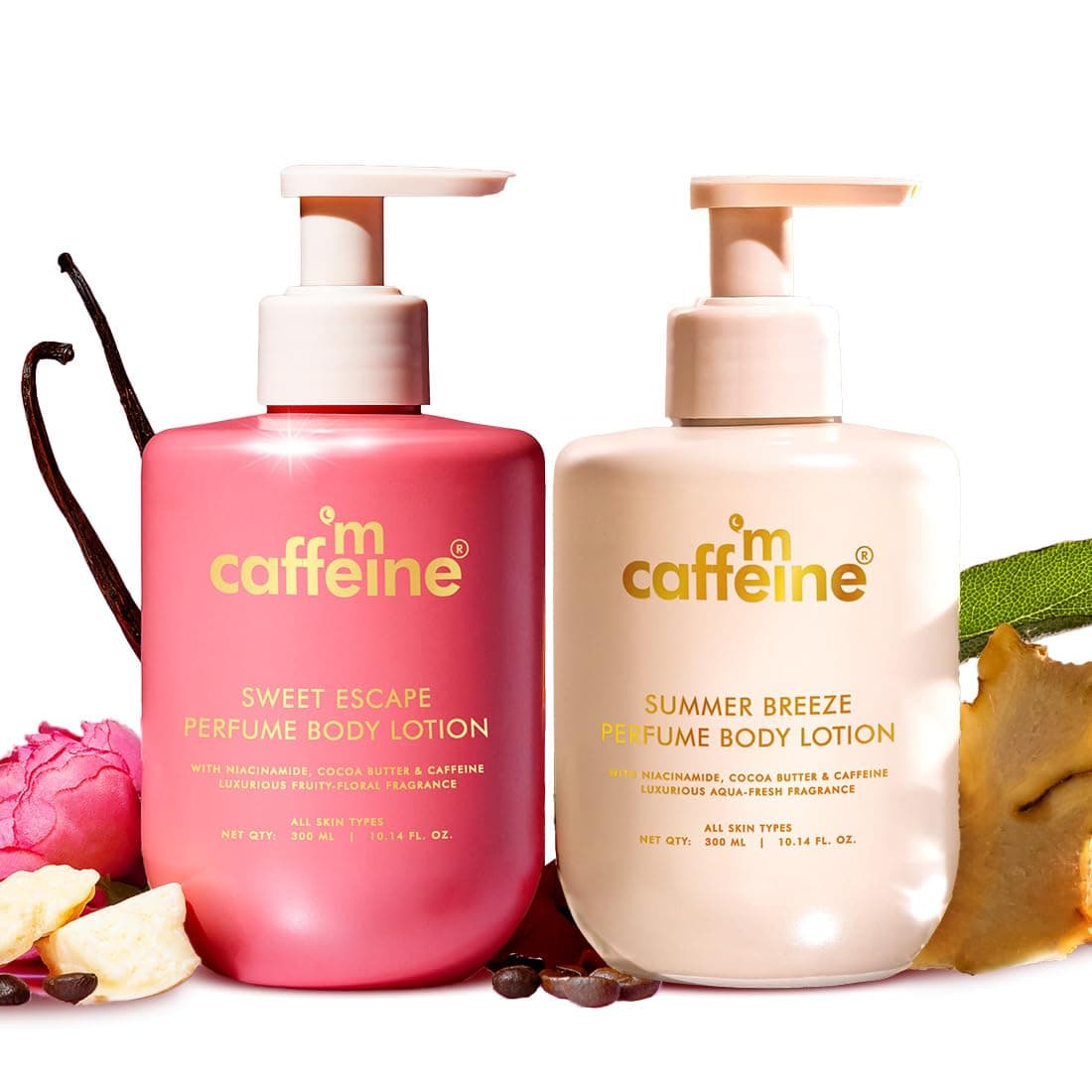 mCaffeine Perfume Body Lotion Combo - Sweet Escape & Summer Breeze | Niacinamide, Cocoa & Shea Butter | Deep Moisturization for Winter Dry Skin| Lightweight, Non-Sticky Daily Use Bodylotion| Fruity & Aqua Scent - 300ml x 2 |