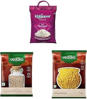 Kohinoor Feast Rozana Basmati Rice, 5 kg, Premium Everyday Rice || Amazon Brand - Vedaka Whole Jeera (Cumin), 200g || Vedaka Popular Moong Dal, 1kg