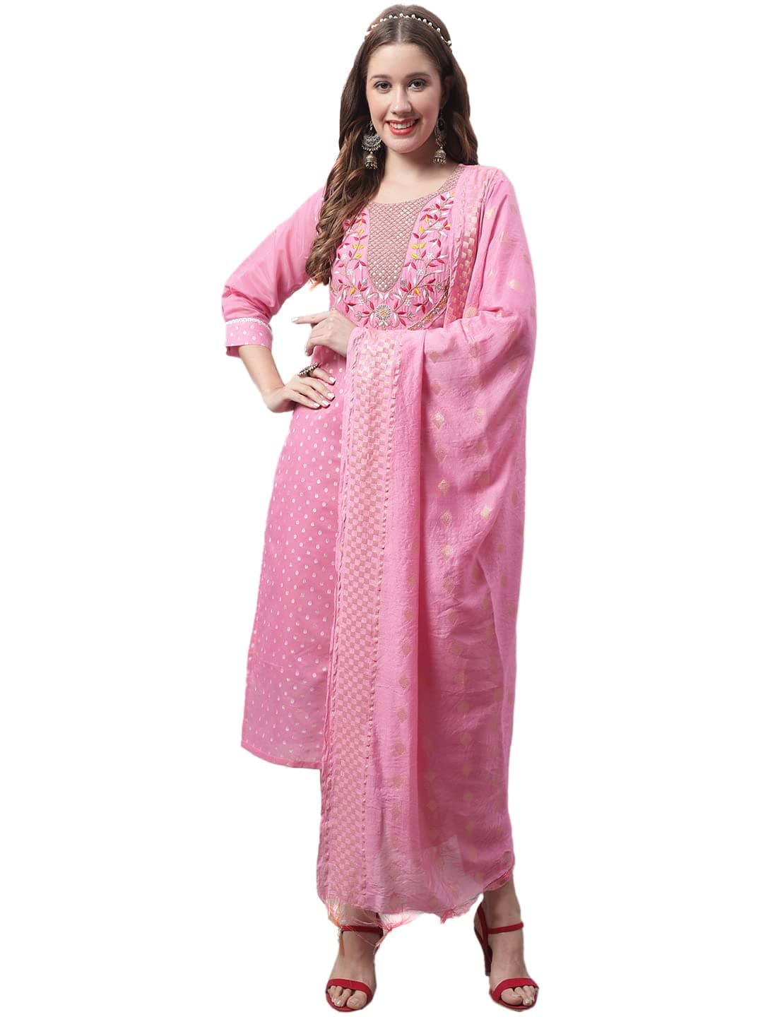 VredeVogel Women's Silk Blend Chanderi Modal Butti Regular Kurta Trouser with Dupatta Set & Embroidered Chanderi Dupatta Set