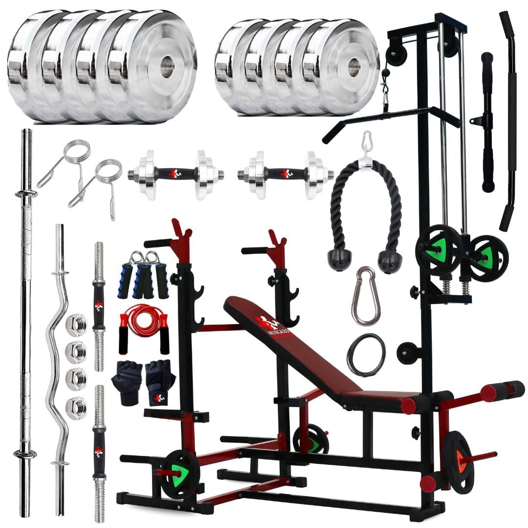 MUSCAZO FITNESS: 20-in-1 Gym Bench Pro Combo Set for Home Workout, 90KG Steel Weight Plates, Dumbbells, Curl Bar, Straight Rod, Gloves, Skipping Rope & Gripper, Full Body Strength Kit