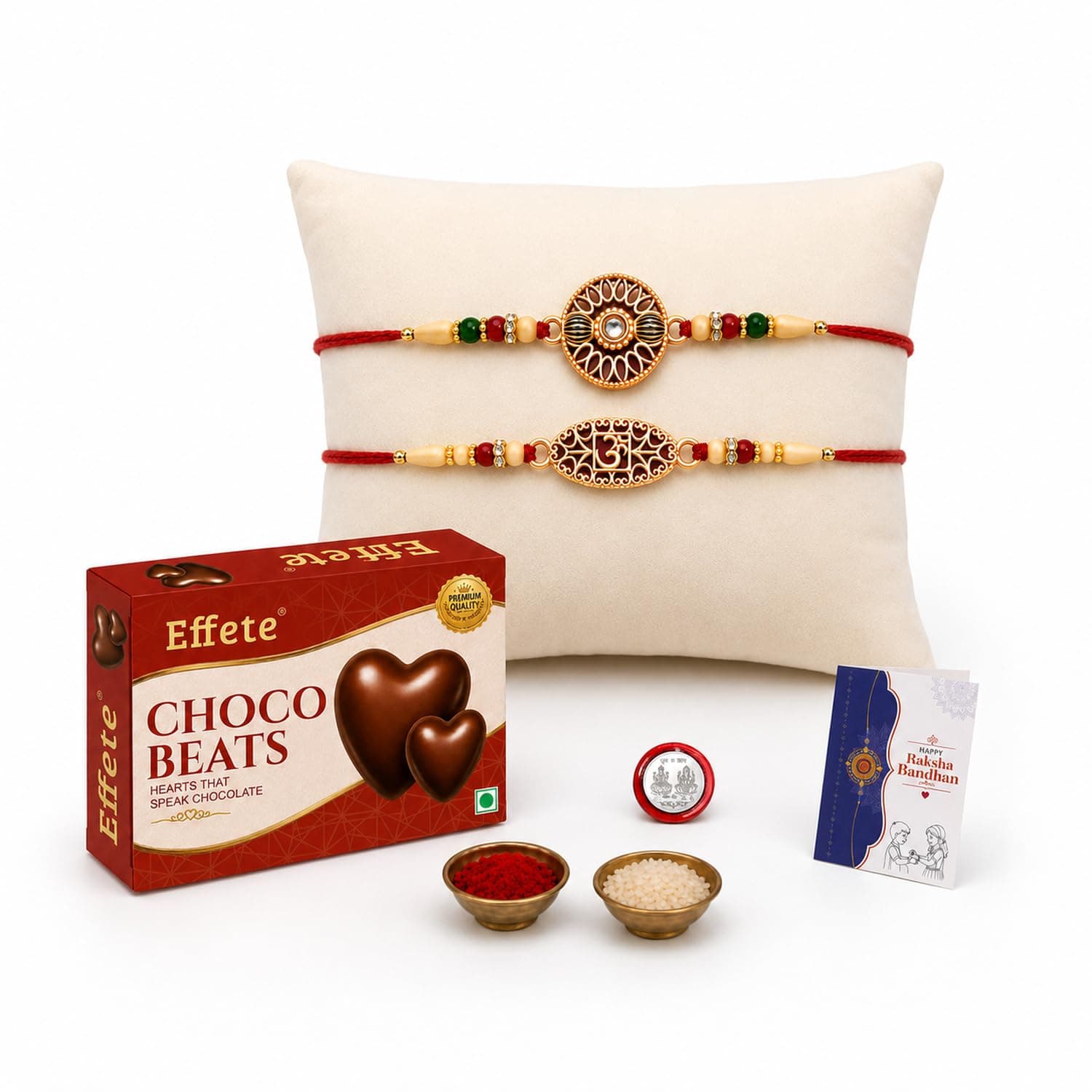 Oblivion Designer Rakhi Set of 2 for Brother – Round & Om Design with Choco Beats Chocolate 32gm, Pooja Coin, Roli Chawal & Card | Rakhi with Chocolate Combo for Raksha Bandhan