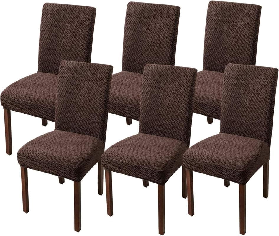 Styleys Elastic Chair Cover Stretch Removable Washable Short Jacquard Dining Chair Cover Protector Seat Slipcover (Pack of 6, Chocolate, JCMC4)