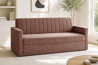 Modern 3 Seater Sofa Cum Bed with Armrest, Velvet Fabric Couch for Living Room, Space Saving Foldable Sleeper Sofa - Brown Color