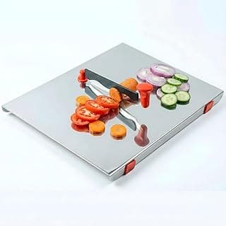 Stainless Steel Chopping Board with Knife Attached, Large Steel Cutting Board for Kitchen with Anti Slip Pads, Vegetable Cutting Board Stainless Steel 35.5 x 31 cm