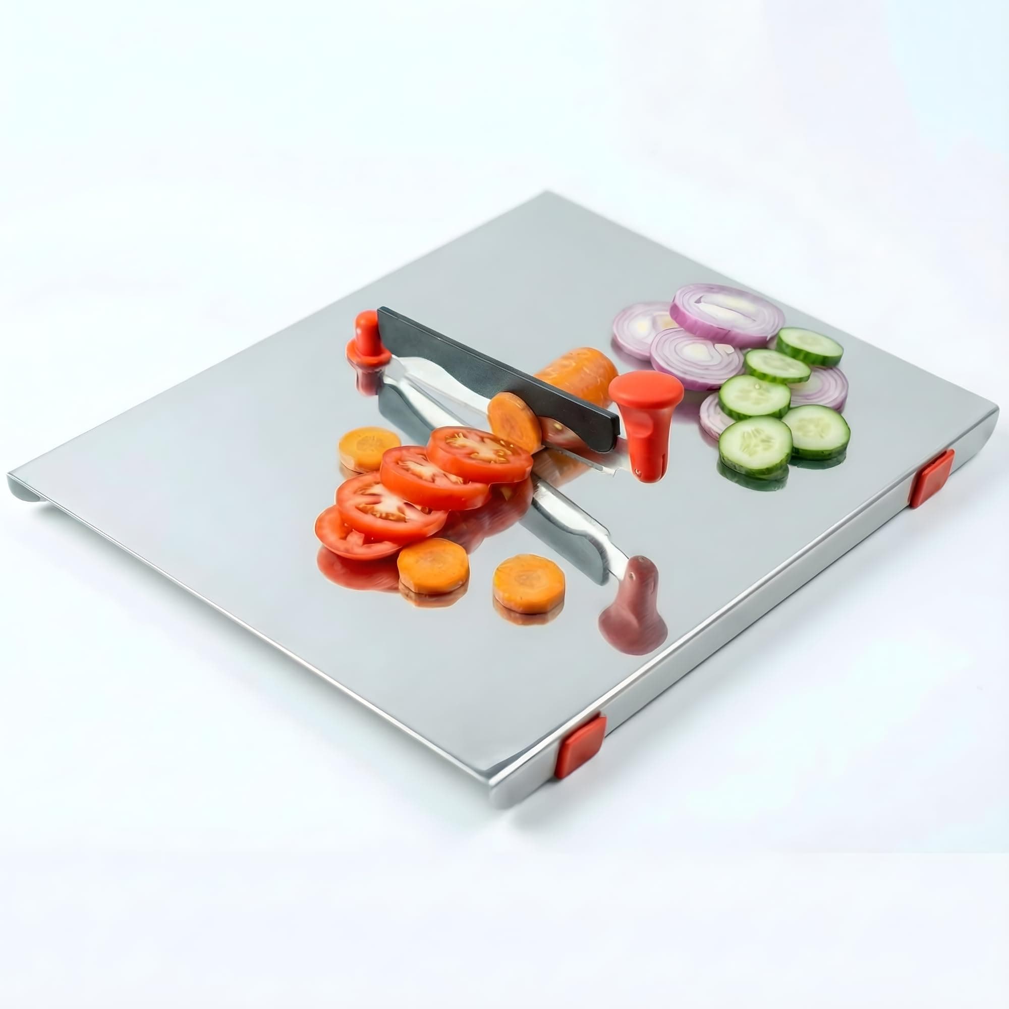 Inhaus Stainless Steel Chopping Board with Knife with Non-Slip Pads, Large | Two-sided rocking blade, durable and versatile build, rust proof chopping board, low-maintenance kitchenware, 35.5cm x 31cm
