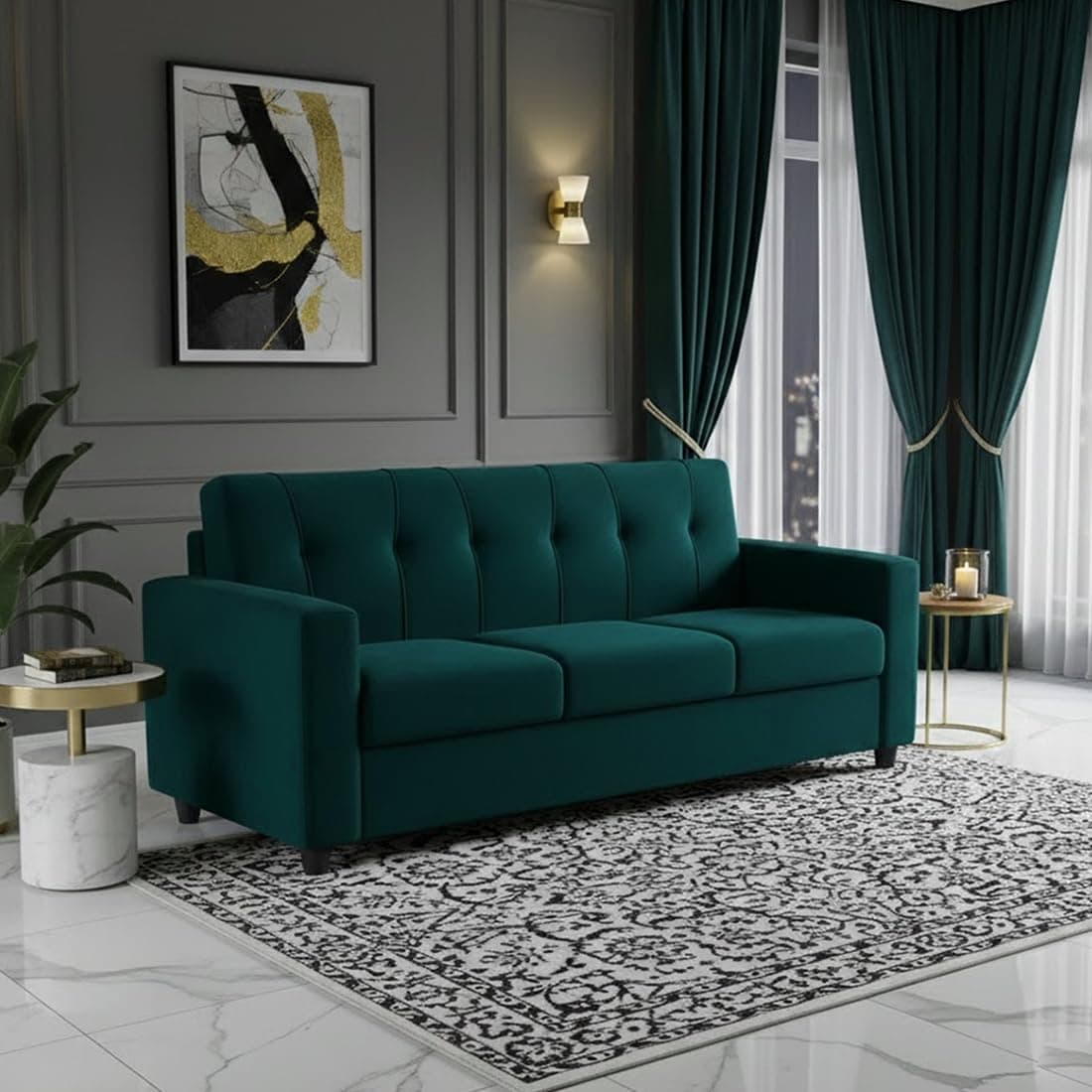 CASASTYLE Asson 3 Seater Fabric Sofa Set (Greenish Teal) -in Premium Velvet Finish | Durable Comfort | Ideal for Living Room