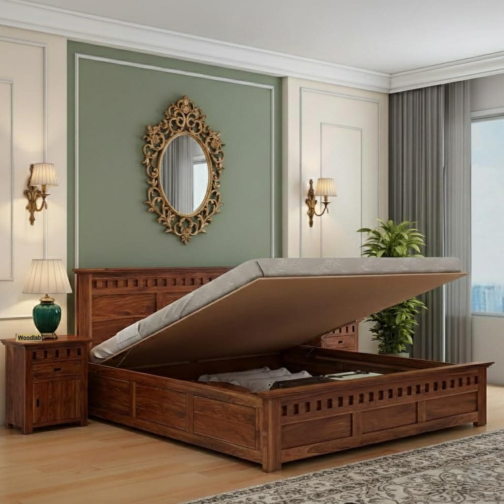 WOODLAB Sheesham Wood Kuber King Size Bed with Hydraulic Storage for Home and Living Room Wooden Double Bed Solid Wood Bedroom Furniture (Natural Finish)