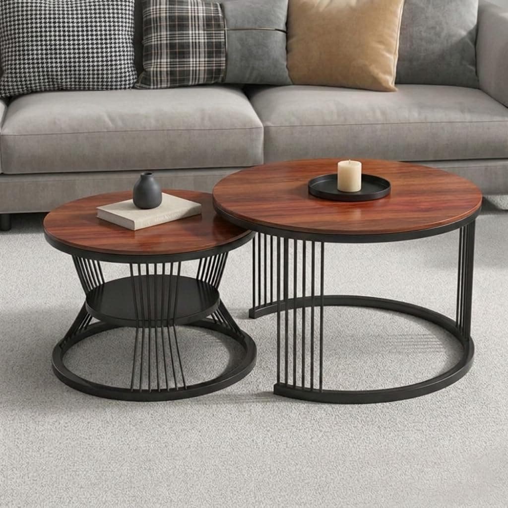 Bright Wood Craft Coffee Table, 20" Round Coffee Table Set of 2, Wooden Nesting Table with Metal Frame, Center Tables for Living Room Bedroom Balcony Bedside Table Black Brown