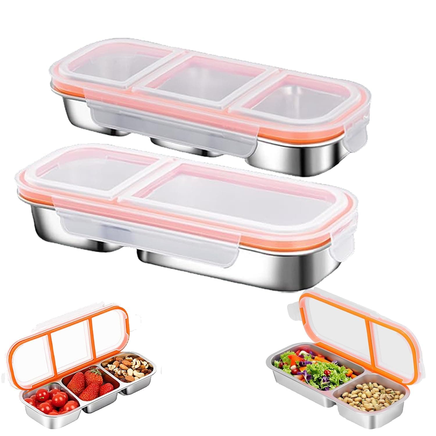 Hedrix Reusable Stainless Steel Snack Containers with Lids – 10.3" x 4" 3 Compartment Snackle Box, Leak-Proof Metal Snack Containers for Kids & Adults, Divided Food Storage Box (2+3 Compartment)