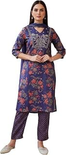 W for Woman Floral Printed Japanese Satin Straight Kurta with Straight Pant and Dupatta Set