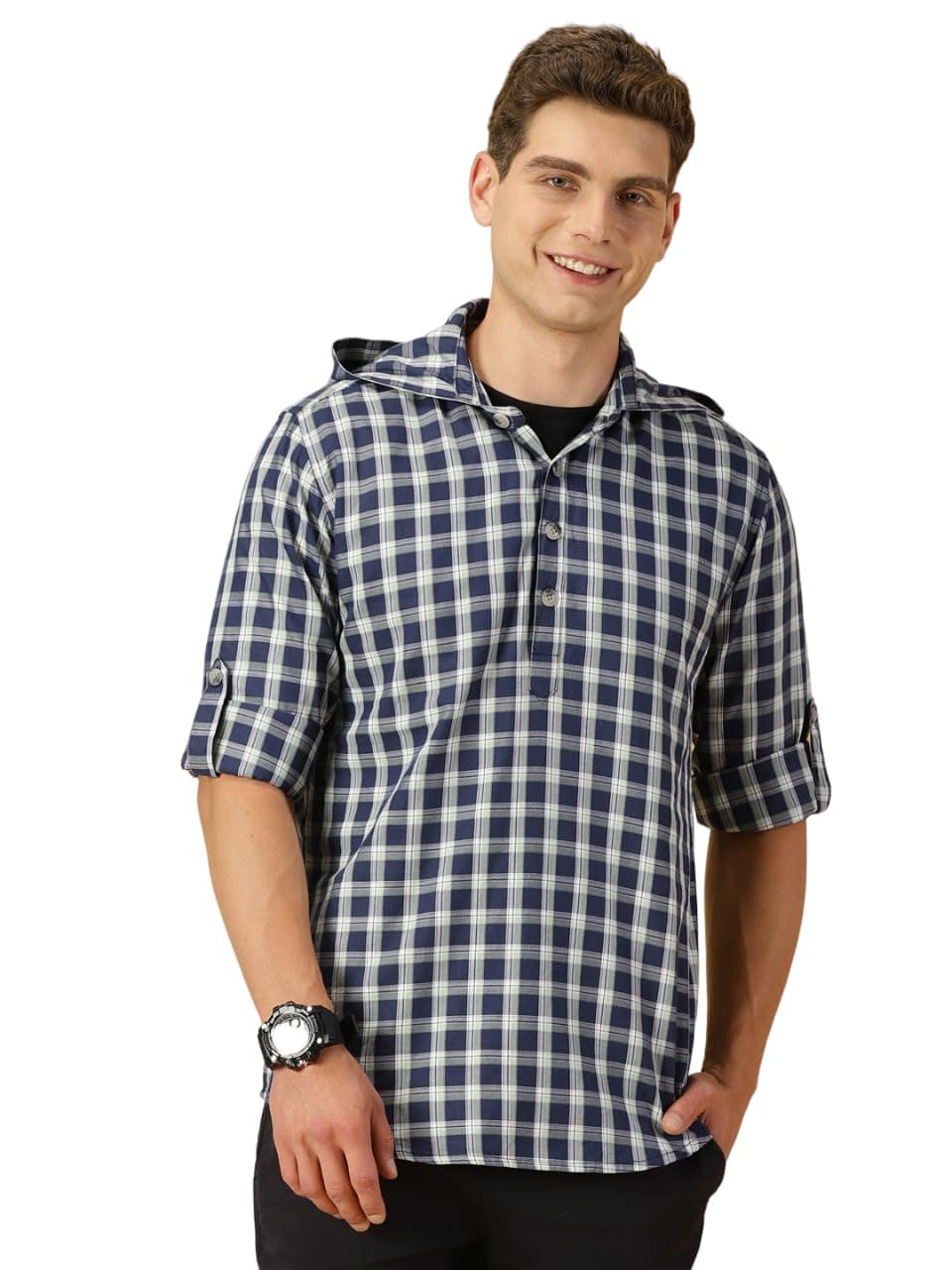 Thomas Scott Men's | Checks | Full Sleeve | Regular Fit | 100% Cotton | Hooded | Casual Shirt