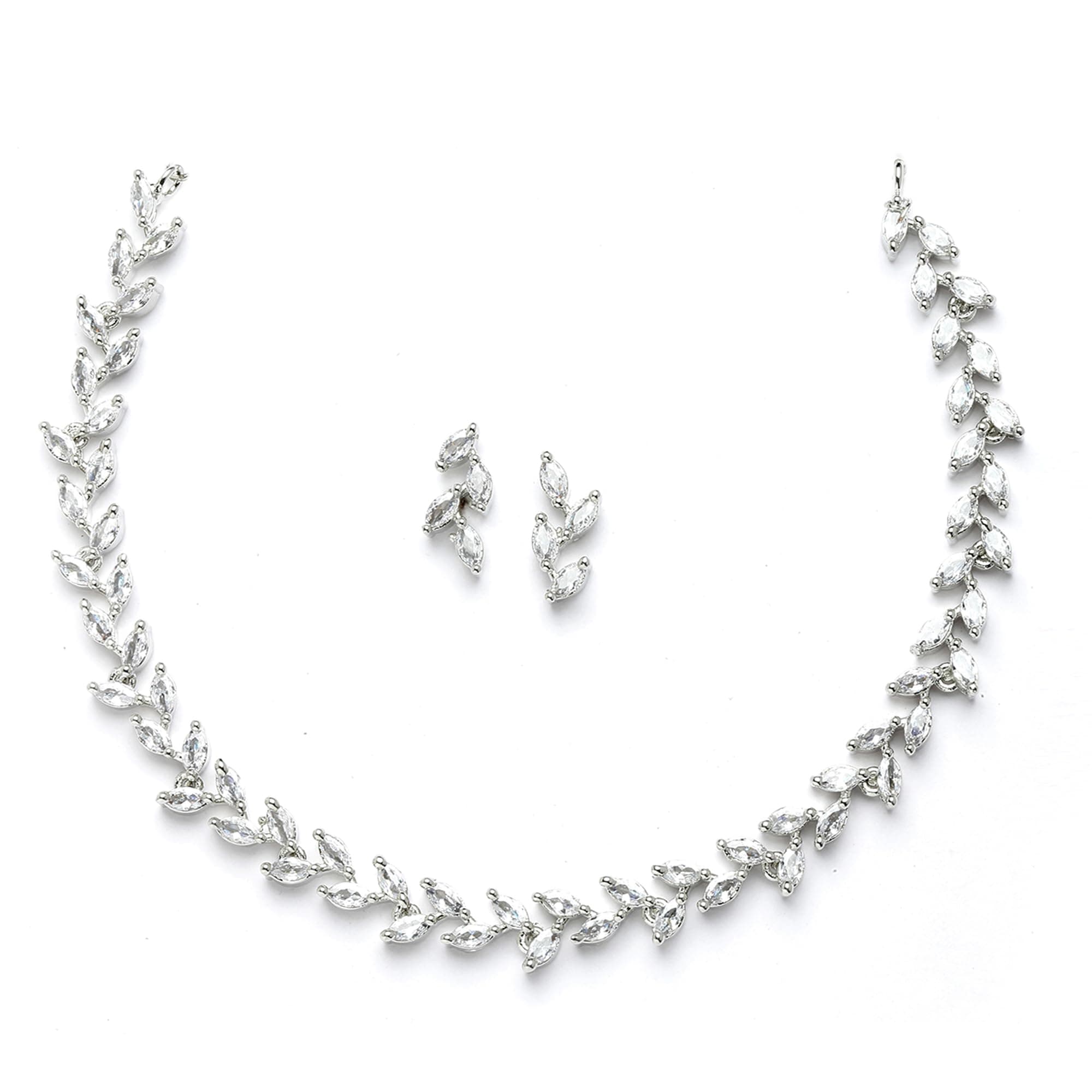 ZENEME Rhodium-Plated White American Diamond Necklace Set with Earrings for Women & Girls Leaf Vine AD Jewellery Set For Womens