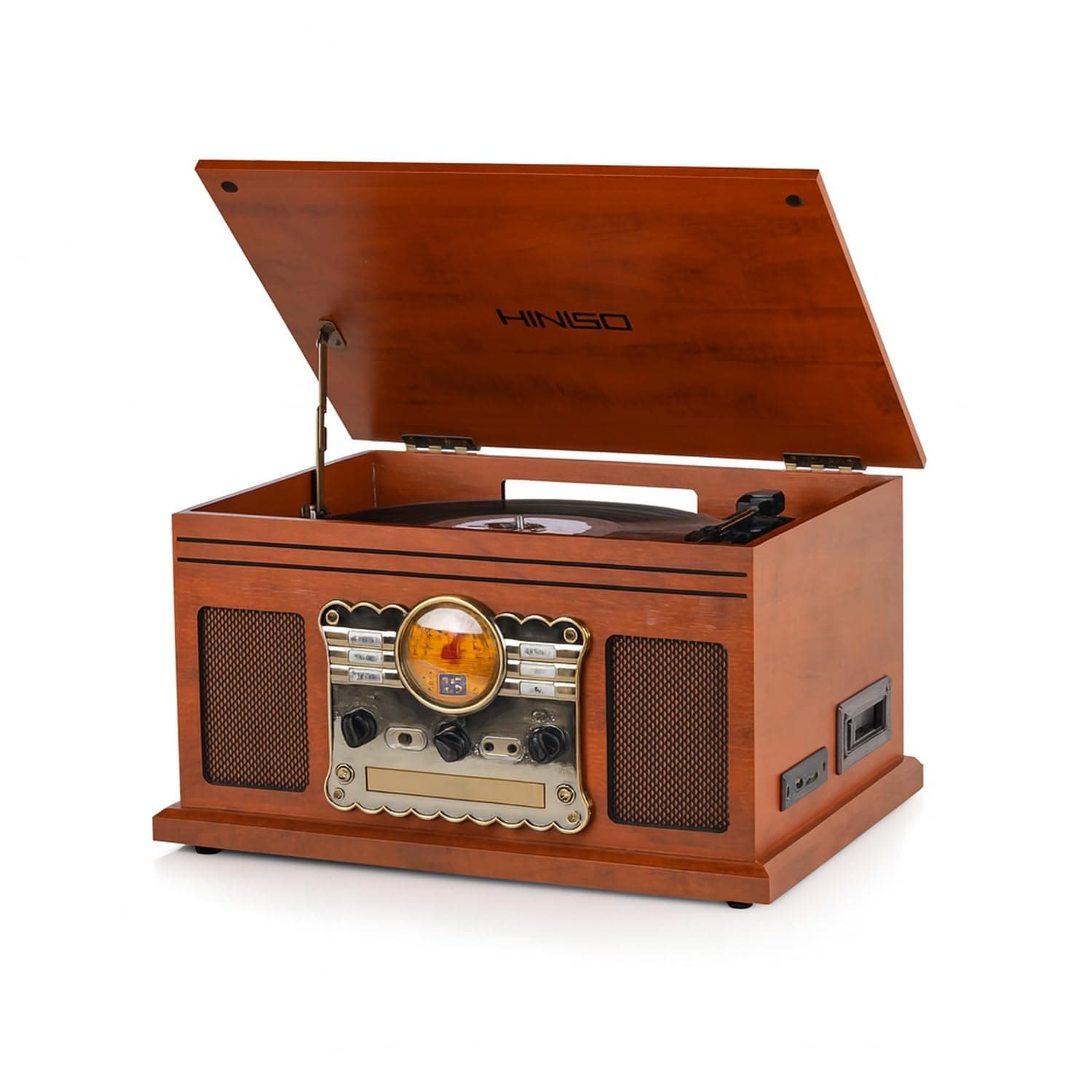 Hiniso 8-in-1 Vinyl Record Player Turntable with 2-Way Bluetooth in/Out, Wireless Remote, CD & Cassette Player, USB/SD Recording | Convert Vinyl/CD/Cassette to MP3 | Built-in Speakers, FM Radio