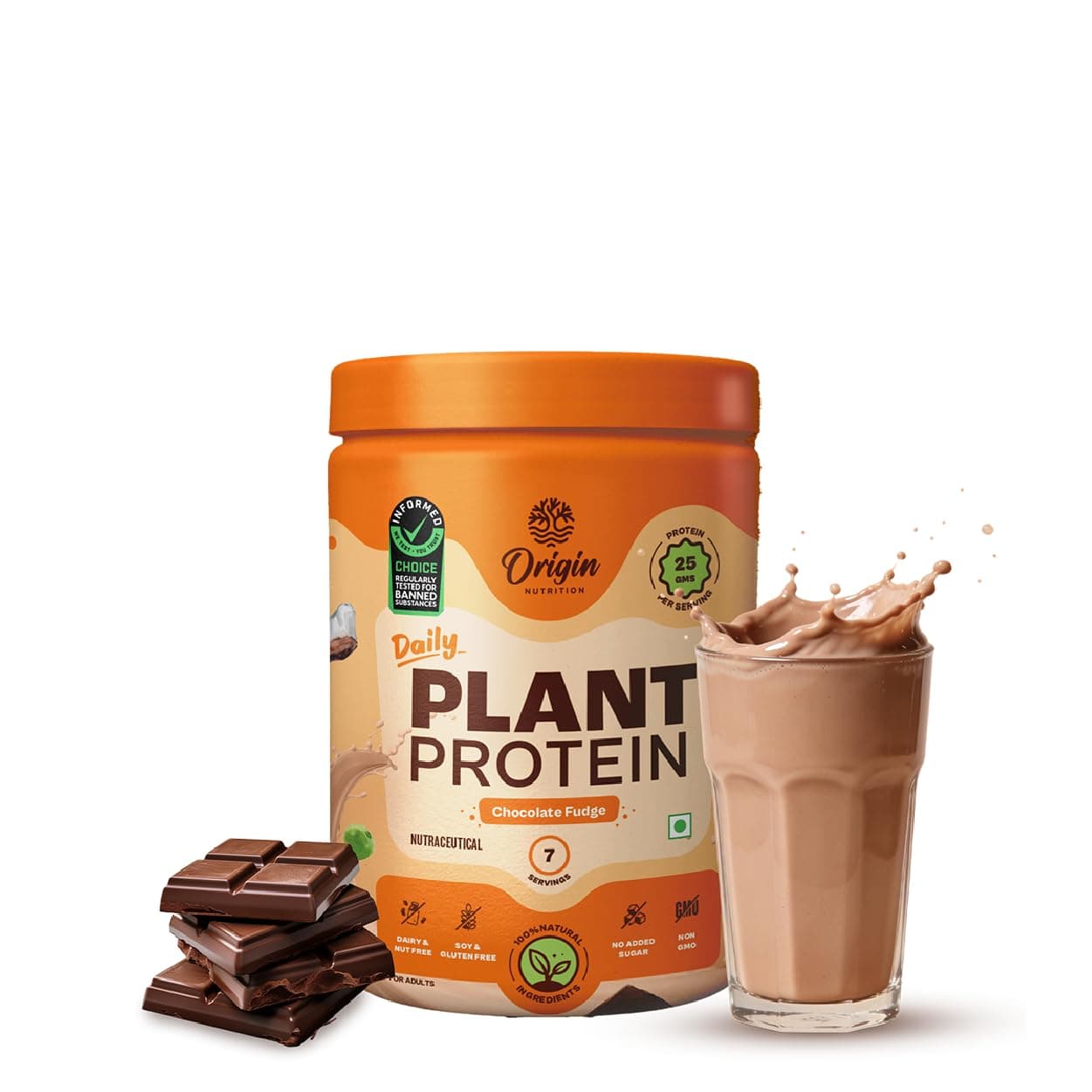 Origin Nutrition 100% Natural Plant Based Protein Powder, Chocolate Flavour with 25g per serve Plant Based Protein, Gluten Free, Dairy Free, No Added Sugar, Soy Free, Non - GMO, Jain, 7 Servings, 283g