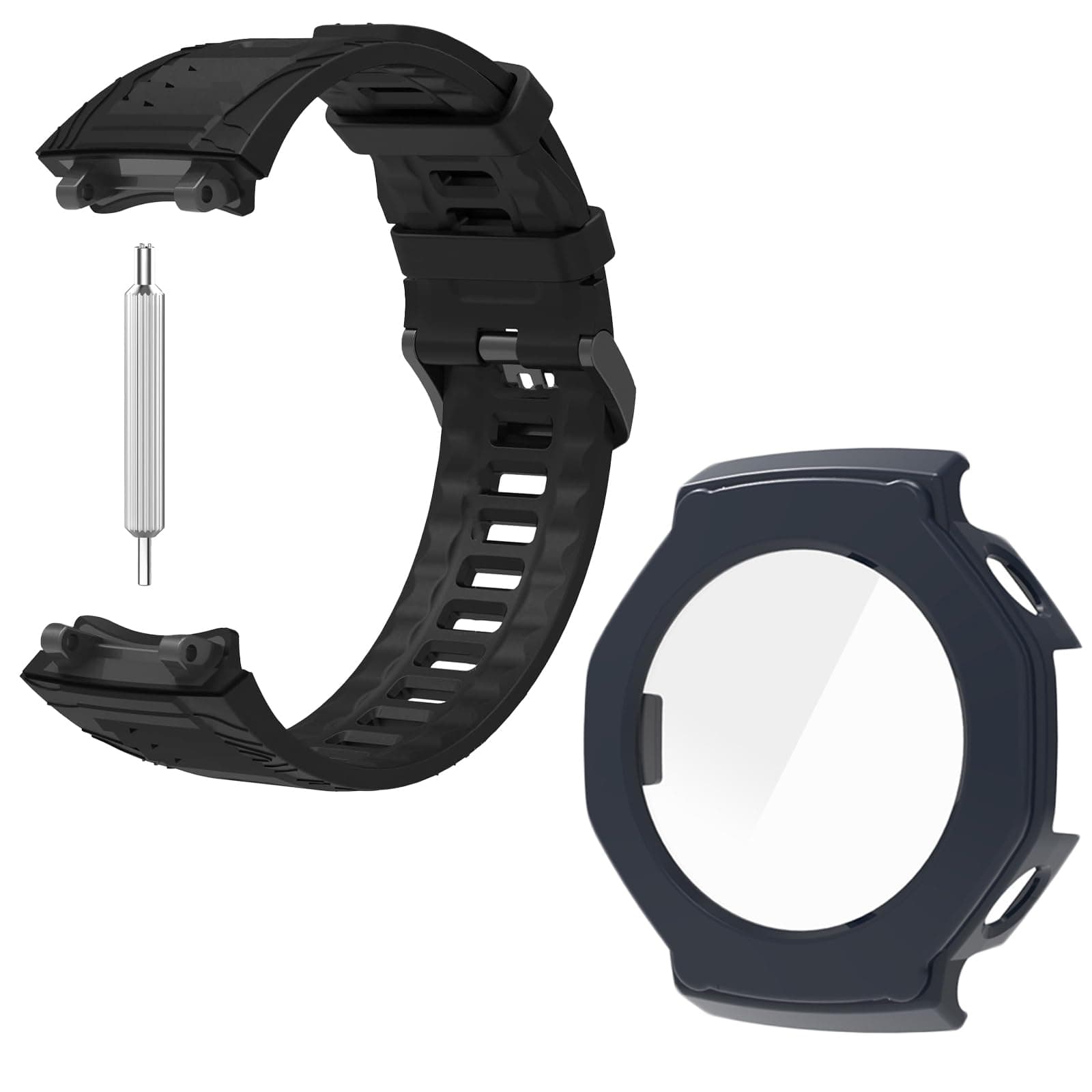OBOE Combo Pack Silicone Watch Strap & Case 'COMPATIBLE WITH' Amazfit T-Rex 3 Watch (Black, Combo Pack-Silicone & PC Case) [WATCH NOT INCLUDED]