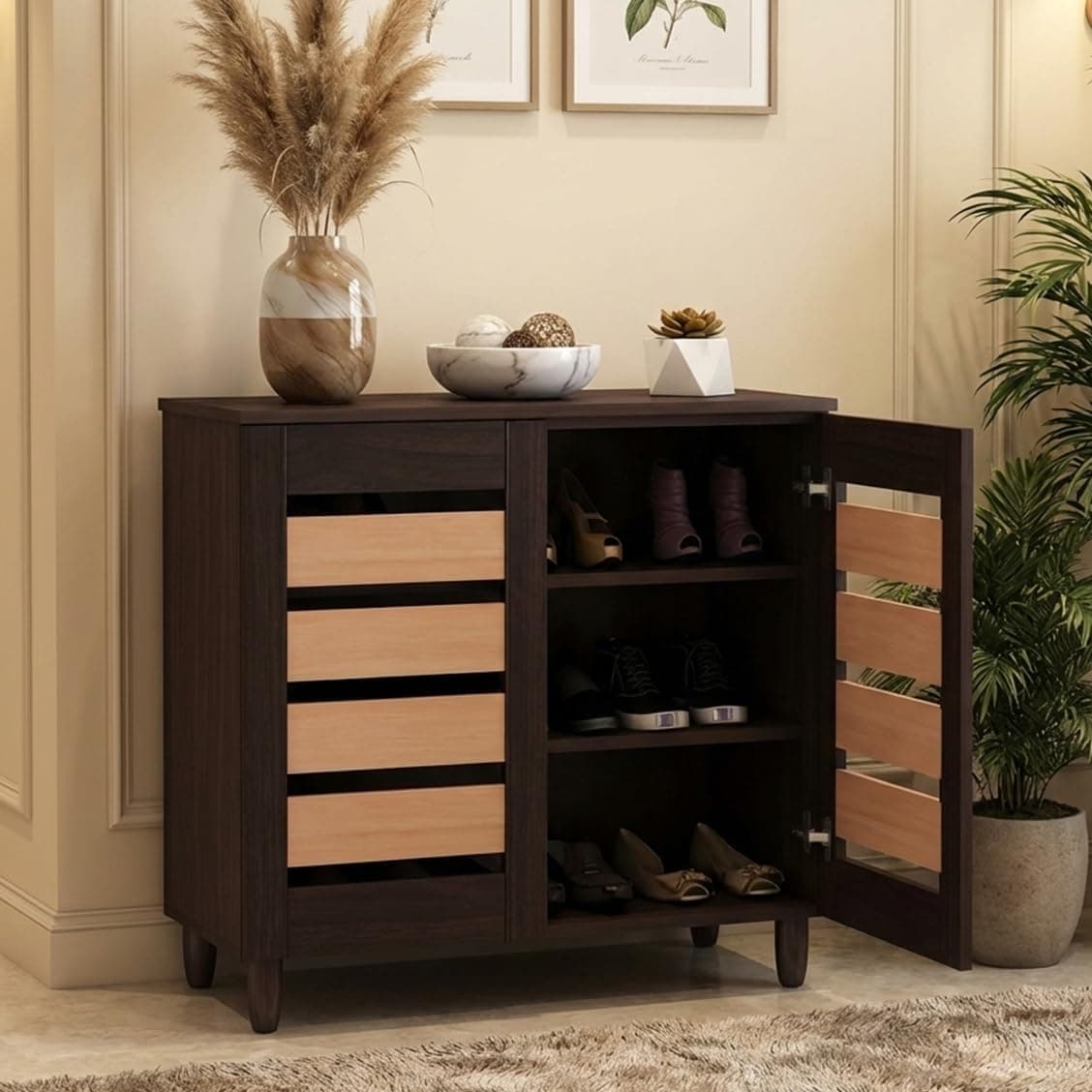 Furniva Ever-Fresh Modern Dark Finish 2 Door Shoe Rack Cabinet | Engineered Wood | Ventilation Slots | Holds 15-20 Pairs | DIY Assembly (Oak and Wenge, Small)