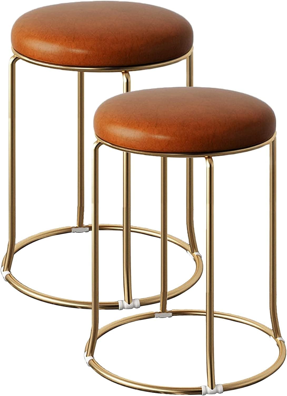 Nutech Decor Stacking Stools, Living Room Round Leather Stool Golden Shoe Changing Metal Dining Stool Bedroom Makeup Coffee/Tea/Milk Shop Bar Stools Multi-Purpose Seating 46CM (2 Pcs, Brown)