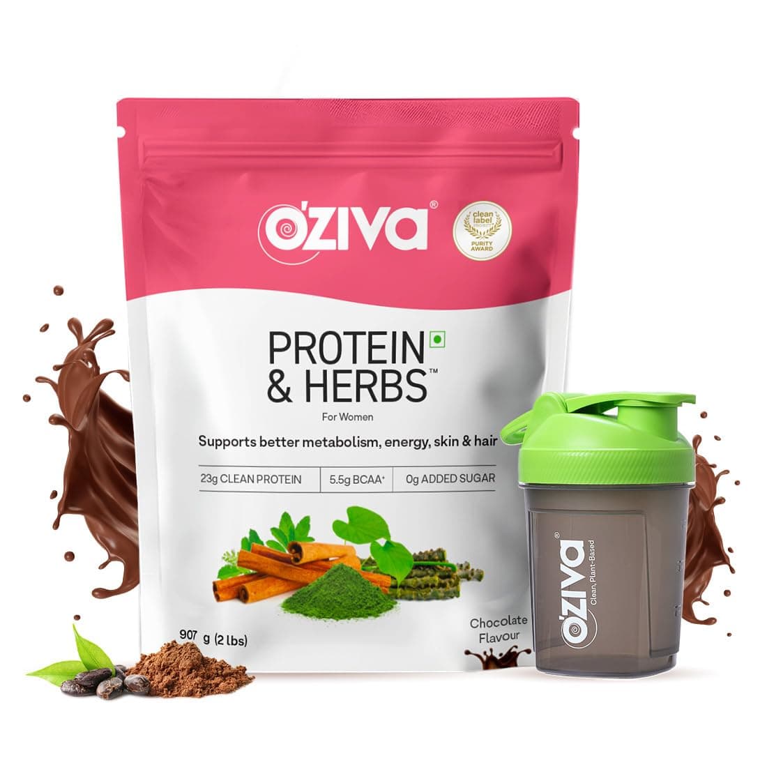 OZiva Protein & Herbs for Women (Chocolate) I Manage Weight, Energy & Metabolism | Clean Protein, Shatavari, Green Tea I No Added Sugar, 2lbs (907gm)