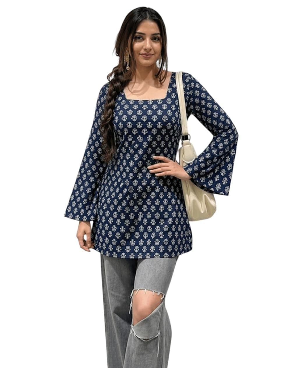 SONISHA Women's Rayon Floral Print Short Kurti for Women Elegance Square Neck, Long Sleeves with Style Criss Cross Back Kurti, Top for Office Wear, Casual, Outdoor
