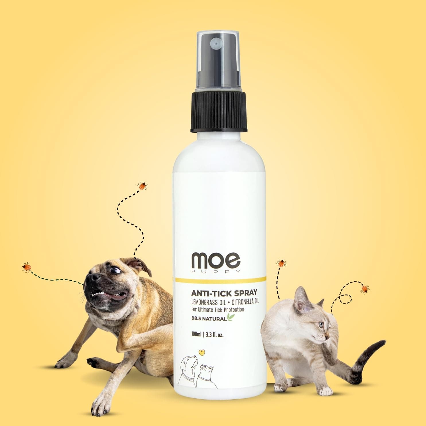 Moe Puppy Anti Tick Spray (100 ml) for Pets, Natural, Long-Lasting Protection, with Lemongrass, Citronella, Eucalyptus, Rosemary Oils, Aloe Vera Extract | for Dogs and Cats | Tick Repellant