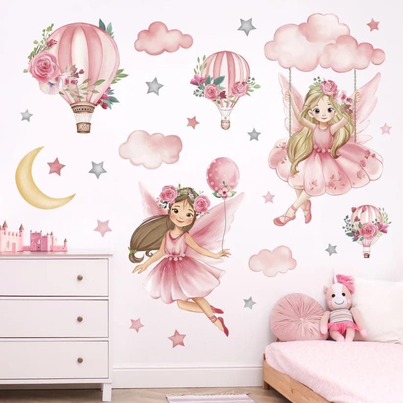Kids Wall Sticker, Pink Fairy Theme with Hot Air Balloons, Clouds, Moon and Stars, Decorative Nursery Room Decals (Small)