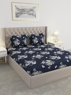 Raymond Home 100 GSM Insignia 100% Polyester Floral Double Bedsheet (2.25 Mx2.50 M) with 2 Pillow Covers(46 CM x 69 CM) - Navy Blue
