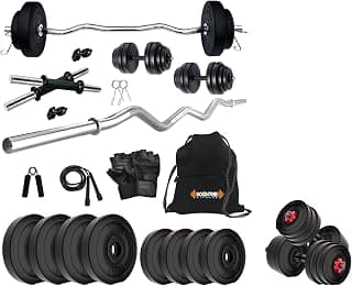Kore PVC 30 Kg Home Gym Set with One 3 Ft Curl and One Pair Dumbbell Rods with Gym Accessories, Multicolor & Kore 20 KG PVC-DM COMBO16 (3Kg X 4 Plates + 2Kg X 4 Plates) Home Gym Dumbbells Kit