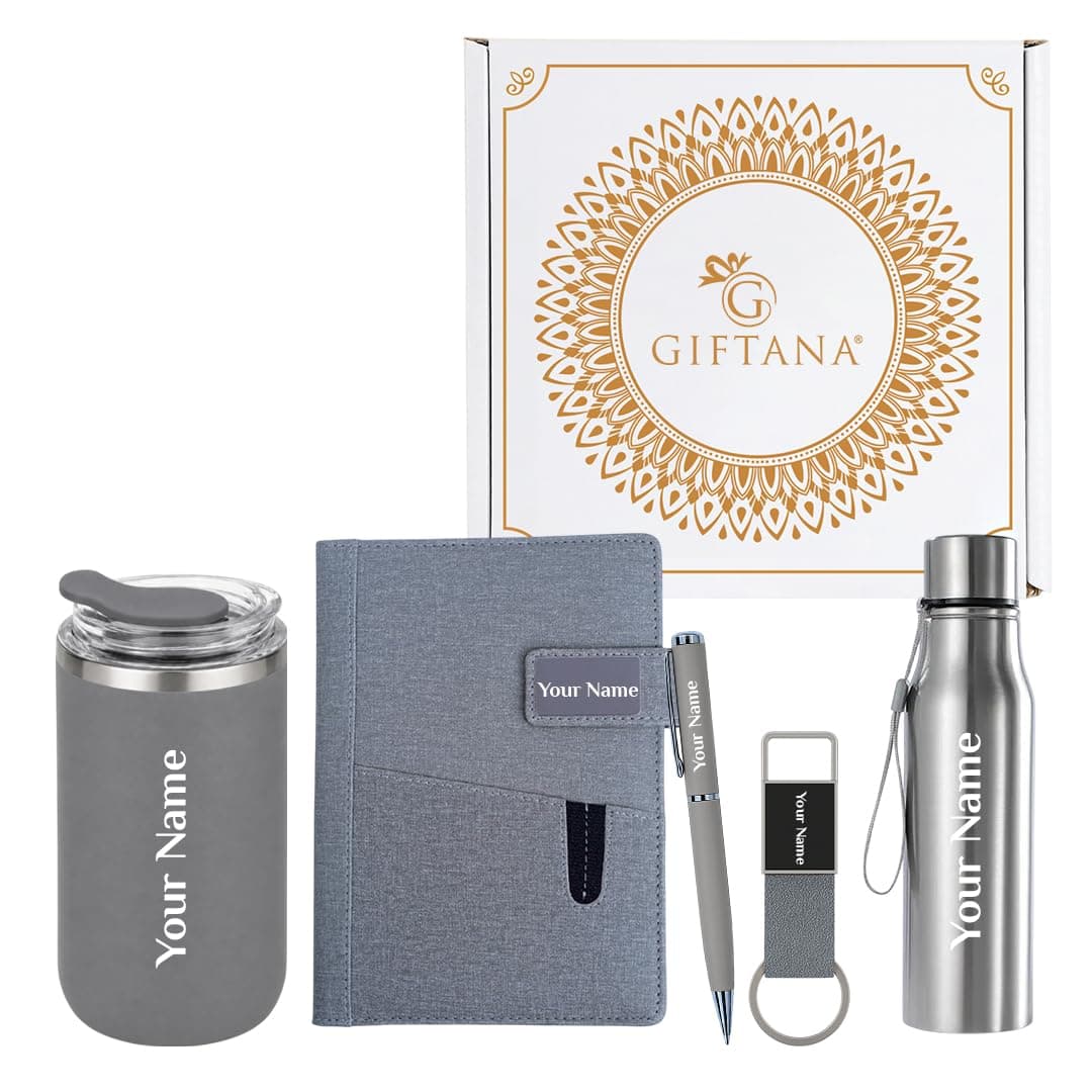 Giftana Personalized Notebook Diary, Water Bottle, Tumbler 350ml, Keychain with Pen Gift Set, 5 in 1 Personalized Gifting Items for Husband, Father, New Year Corporate Gifts for Employee (Grey)