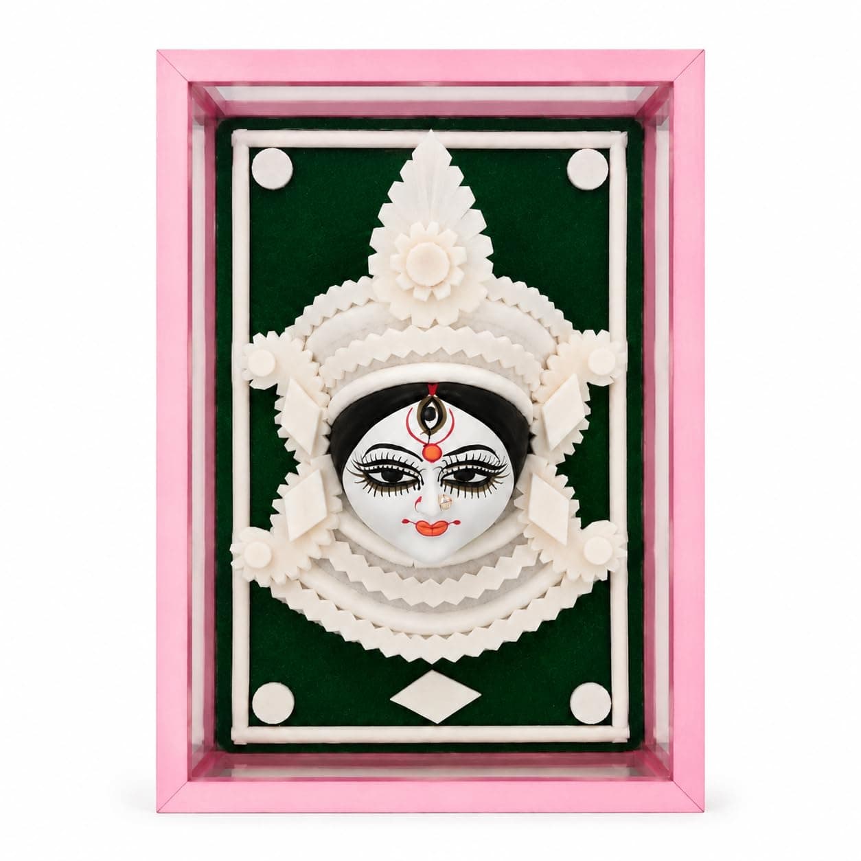 artkart Maa Durga Face in Glass Box | Wall Mounted Pooja Mandir for Home Temple & Main Door | Handmade Sholapith Bengali Craft in Glass Showpiece Case | Griha Pravesh & Durga Puja Gift