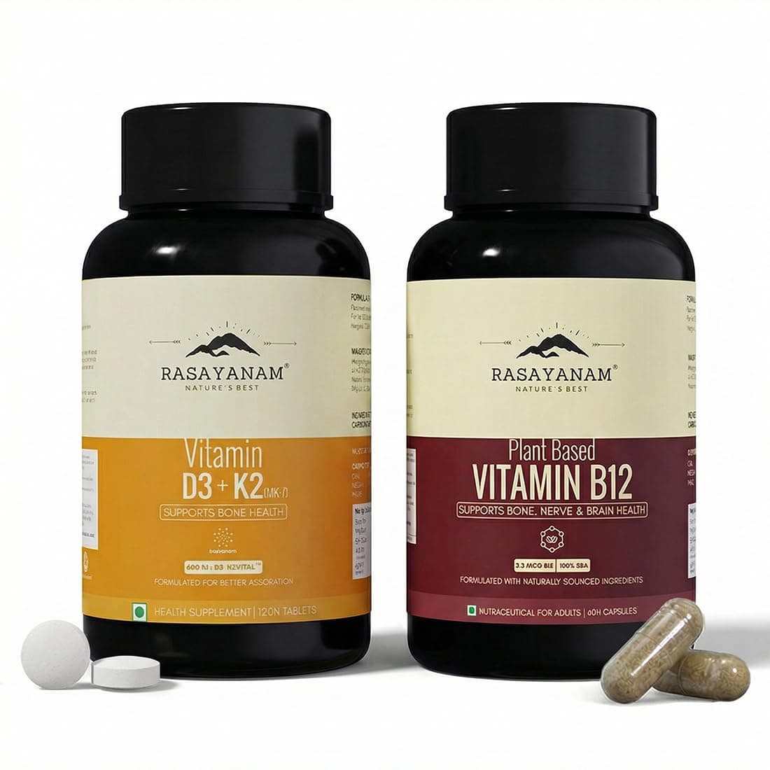 Rasayanam Vitamin D3 + K2 & Vitamin B12 Combo for Daily Deficiency Support | For Energy, Nerve, Bone & Heart Health | 100% RDA, Lab-Tested & Vegetarian | D3+K2 (120 Tablets) + B12 (60 Capsules)