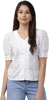 Tokyo Talkies Women's Short Sleeves V-Neck Embroidered Tops| Stylish Casual wear