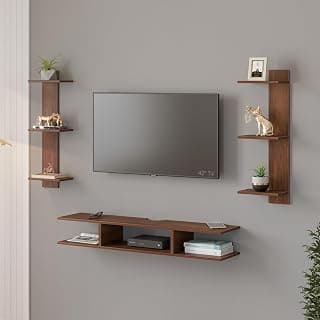 BLUEWUD Estoye Mini Engineering Wood Wall Mount TV Entertainment Unit Set Top Box Stand/TV Cabinet Panel with Shelves for Books & Décor Display Unit, Ideal for 42”(Brown Maple)