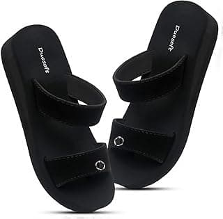Duosoft Dusoft Black Platform Sandals, Women's Casual Strappy Slides With Metal Ring Detail, Comfort Wedge Heel