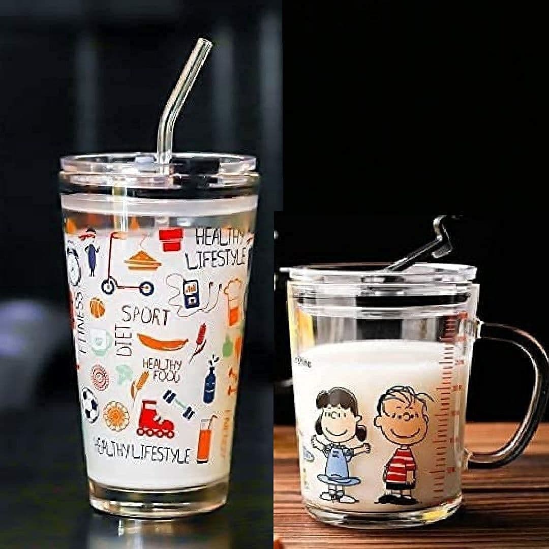 KiKiluxxa Cartoon Creative Milk Glass Mug for Kids 350ml and Glass Tumbler Sipper with Lid and Silicon Straw 400ml Kids Juice Cup Pack of 2 (Multicolor)